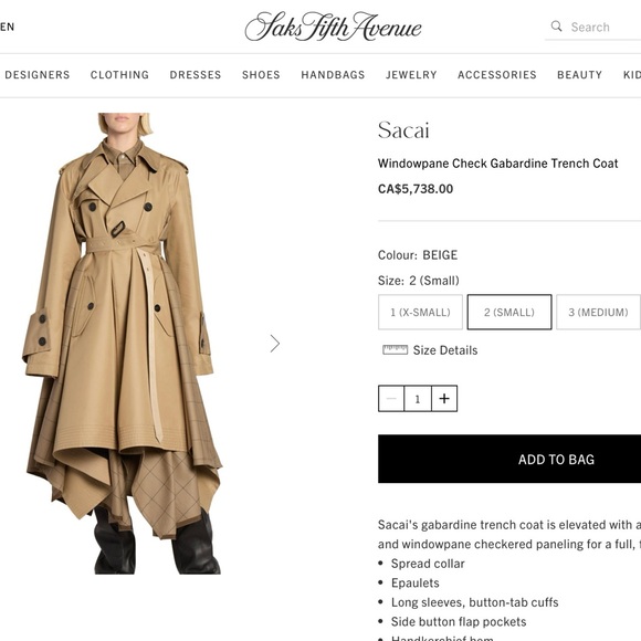 FW24 Sacai Windowpane Gabardine Cotton & Wool Double Breasted Khaki Trench Coat - Picture 2 of 7